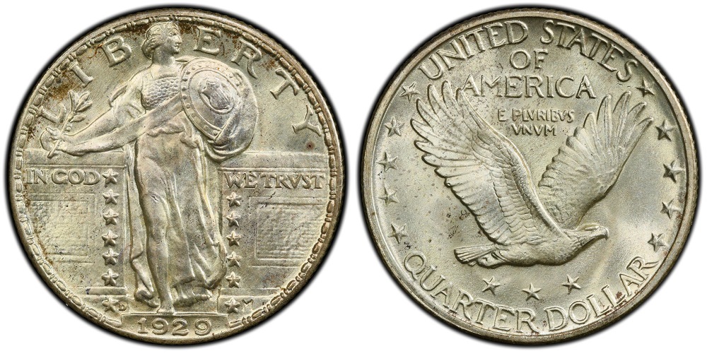 1929-D Standing Liberty Quarter Full Head detail close-up showing three leaves and ear hole
