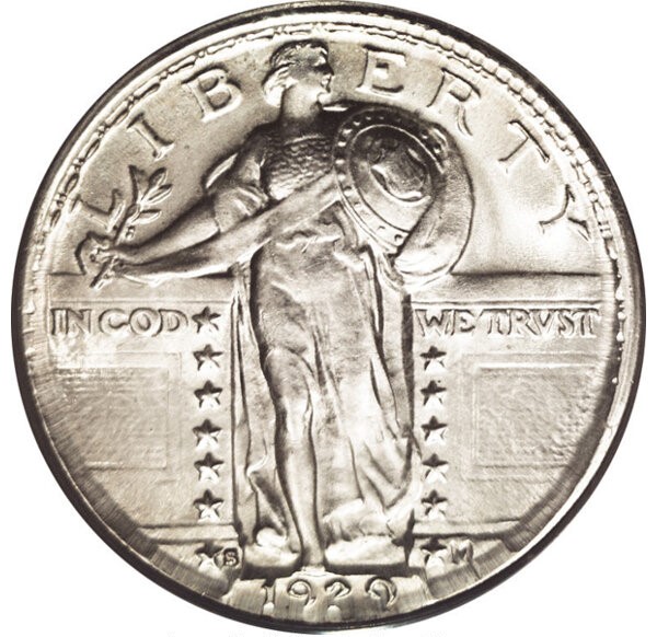 1929 Standing Liberty Quarter broadstrike error showing expanded diameter and plain edge