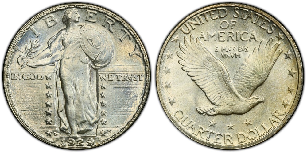 1929-S Standing Liberty Quarter die clash error showing ghost of reverse eagle design on obverse field