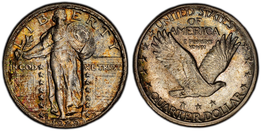 Group of three 1929 Standing Liberty quarters from Philadelphia, Denver, and San Francisco mints