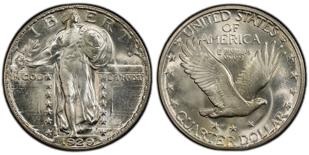 1929 Standing Liberty Quarter grading strip showing Good, Fine, Extremely Fine, and Mint State condition examples
